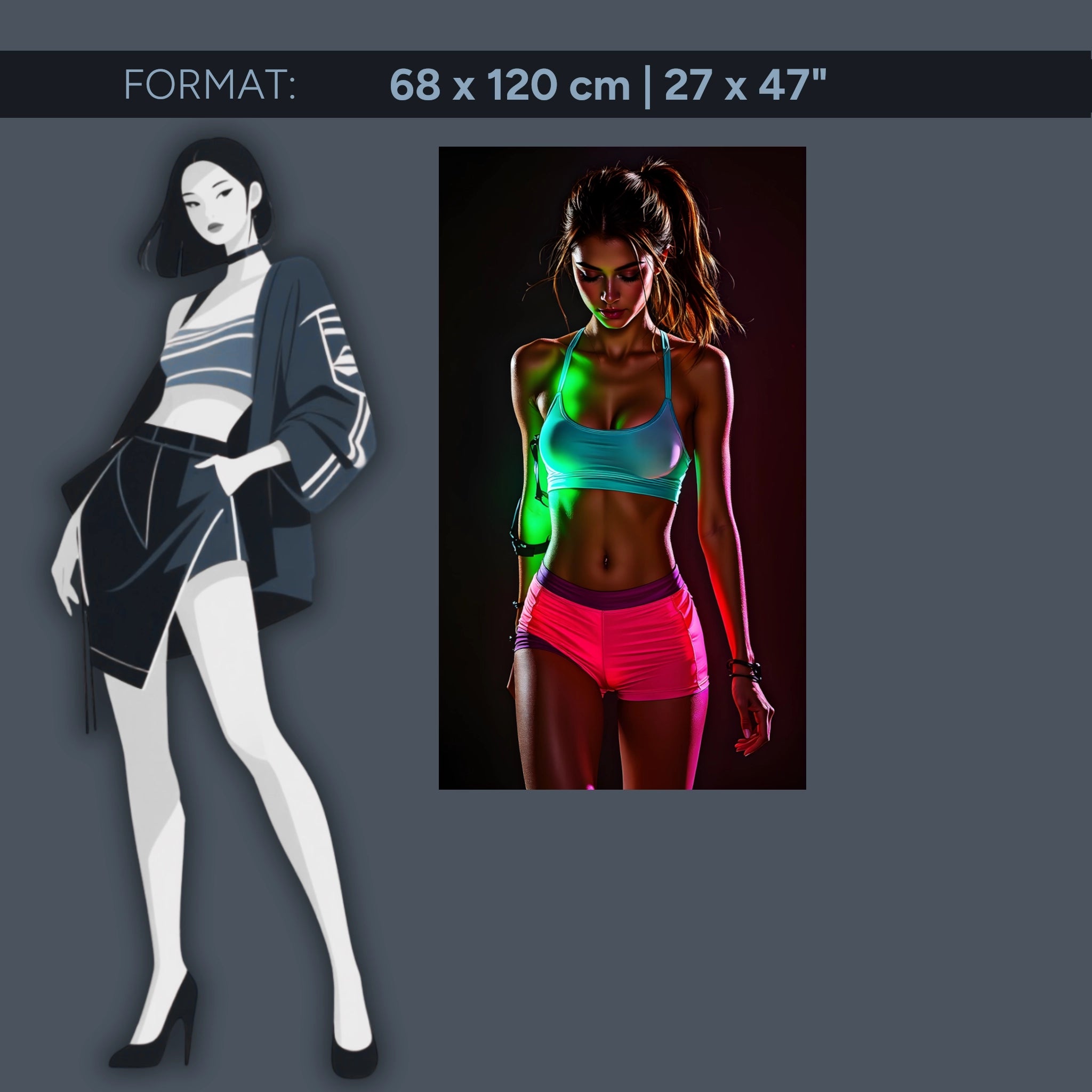 Œuvre d'art fitness néon sur verre acrylique – femme sportive dans un design lumineux moderne